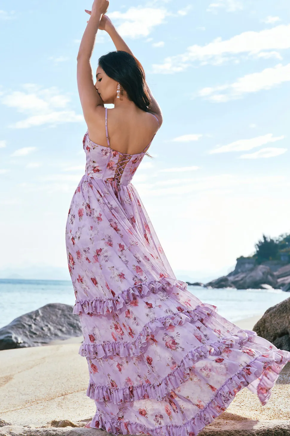 Cinzento roxo floral A-Line espaguete correias espartilho vestido de dama de honra com fenda