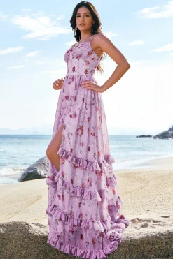 Cinzento roxo floral A-Line espaguete correias espartilho vestido de dama de honra com fenda