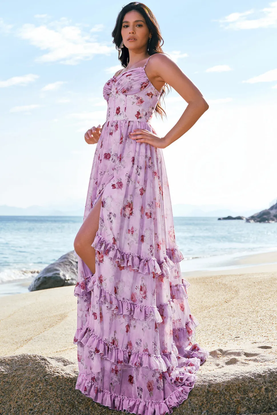 Cinzento roxo floral A-Line espaguete correias espartilho vestido de dama de honra com fenda