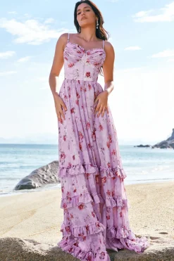 Cinzento roxo floral A-Line espaguete correias espartilho vestido de dama de honra com fenda