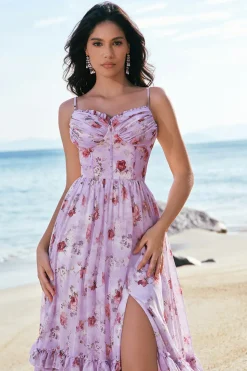 Cinzento roxo floral A-Line espaguete correias espartilho vestido de dama de honra com fenda