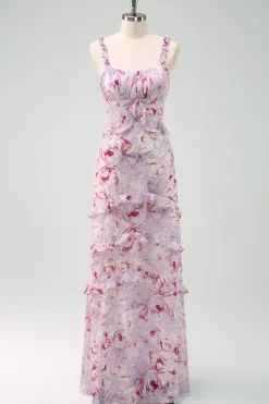 Cinzento Roxo Sereia Esparguete Correias Vestido Longo Floral Madrinha
