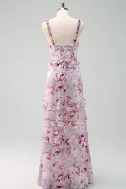 Cinzento Roxo Sereia Esparguete Correias Vestido Longo Floral Madrinha