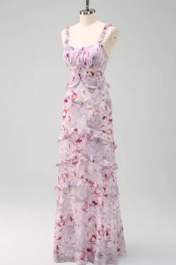 Cinzento Roxo Sereia Esparguete Correias Vestido Longo Floral Madrinha