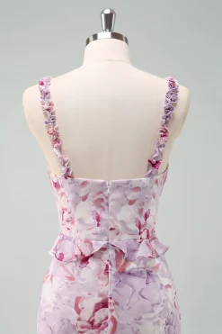 Cinzento Roxo Sereia Esparguete Correias Vestido Longo Floral Madrinha