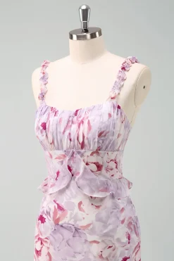 Cinzento Roxo Sereia Esparguete Correias Vestido Longo Floral Madrinha