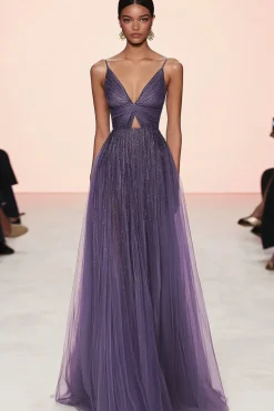 Cinzento Roxo Uma Linha plissado V Pescoço Tule Gala Dress