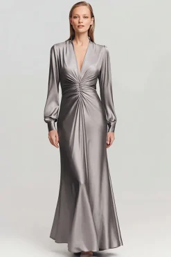 Cinzento Ruched Cetim V Pescoço Vestido Formal Longo