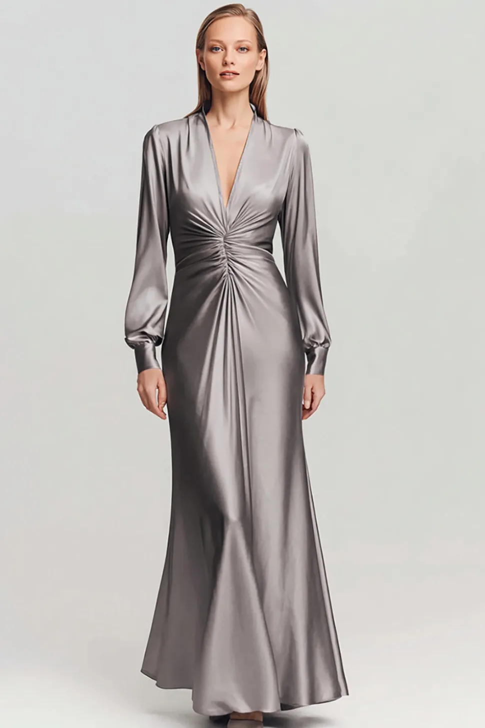 Cinzento Ruched Cetim V Pescoço Vestido Formal Longo