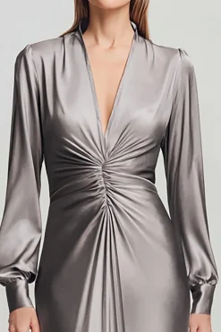 Cinzento Ruched Cetim V Pescoço Vestido Formal Longo