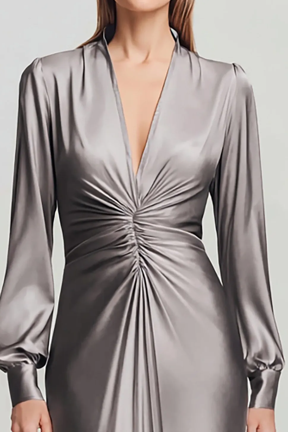 Cinzento Ruched Cetim V Pescoço Vestido Formal Longo