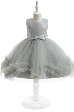 Cinzento sem mangas tule flor vestido de menina com Bowknot