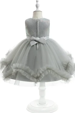 Cinzento sem mangas tule flor vestido de menina com Bowknot