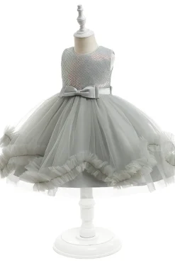Cinzento sem mangas tule flor vestido de menina com Bowknot