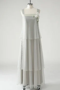 Cinzento Tiered Chiffon Esparguete Correias Mãe do Vestido da Noiva com Missangas