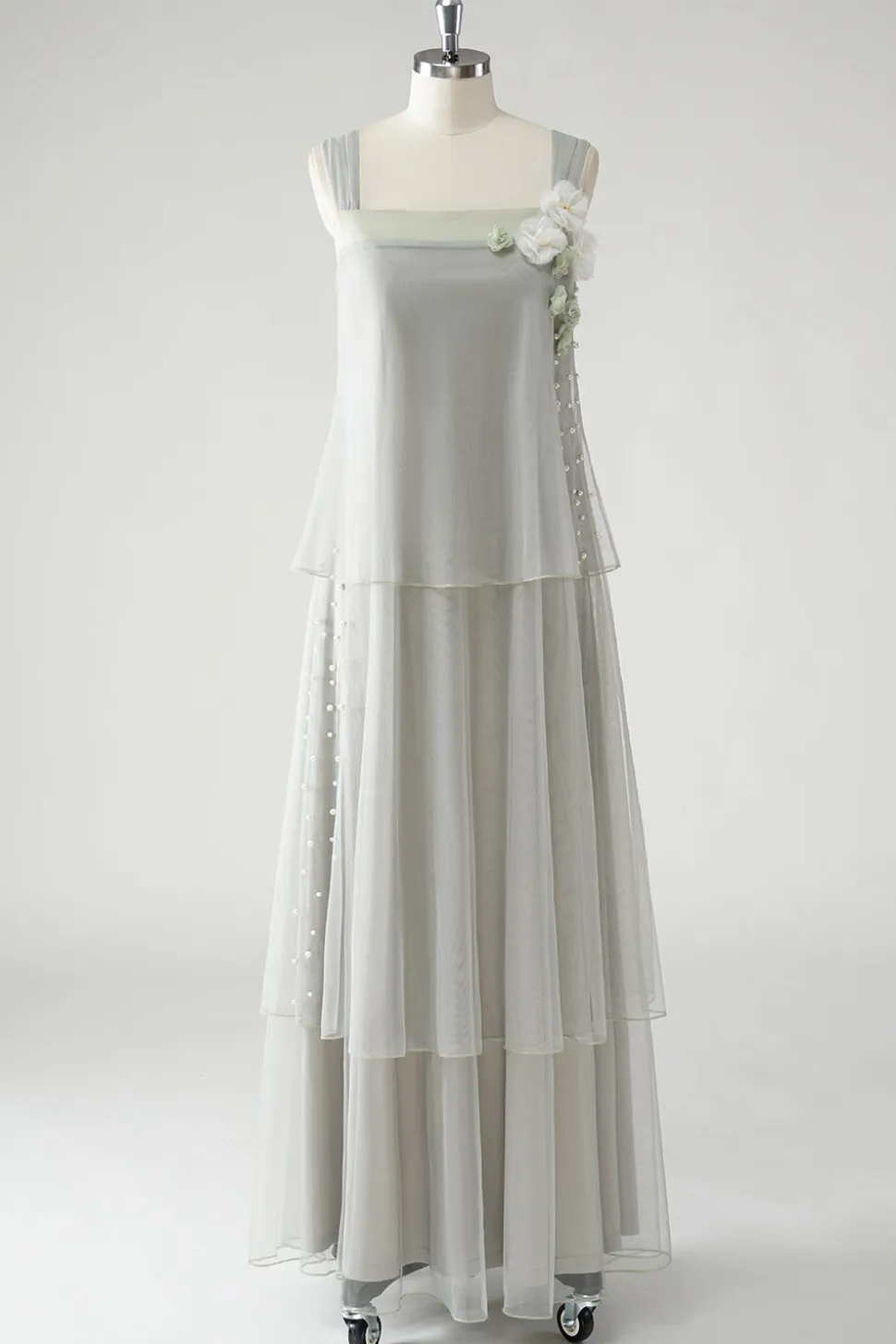 Cinzento Tiered Chiffon Esparguete Correias Mãe do Vestido da Noiva com Missangas