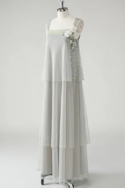 Cinzento Tiered Chiffon Esparguete Correias Mãe do Vestido da Noiva com Missangas