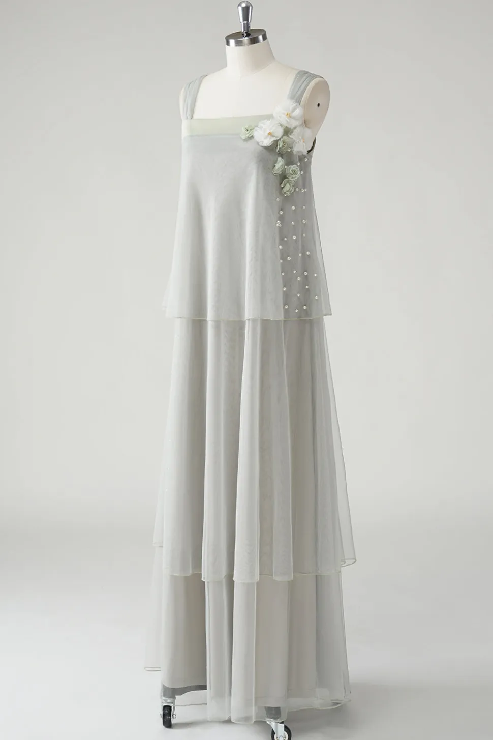 Cinzento Tiered Chiffon Esparguete Correias Mãe do Vestido da Noiva com Missangas