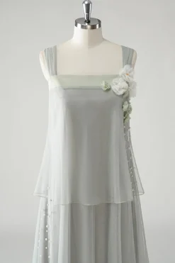 Cinzento Tiered Chiffon Esparguete Correias Mãe do Vestido da Noiva com Missangas