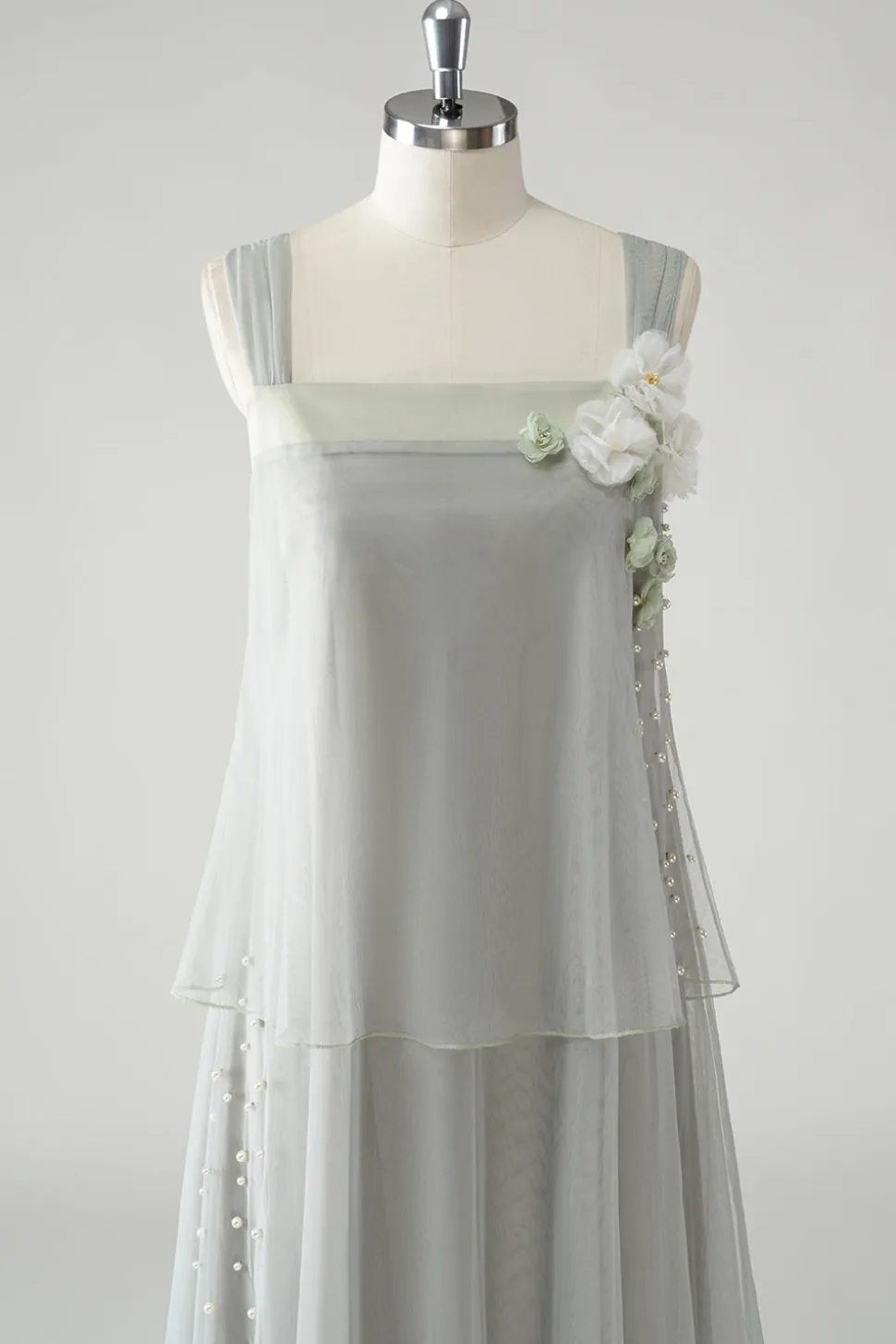 Cinzento Tiered Chiffon Esparguete Correias Mãe do Vestido da Noiva com Missangas