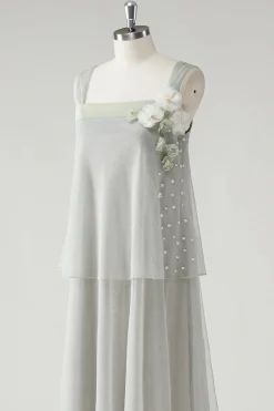 Cinzento Tiered Chiffon Esparguete Correias Mãe do Vestido da Noiva com Missangas