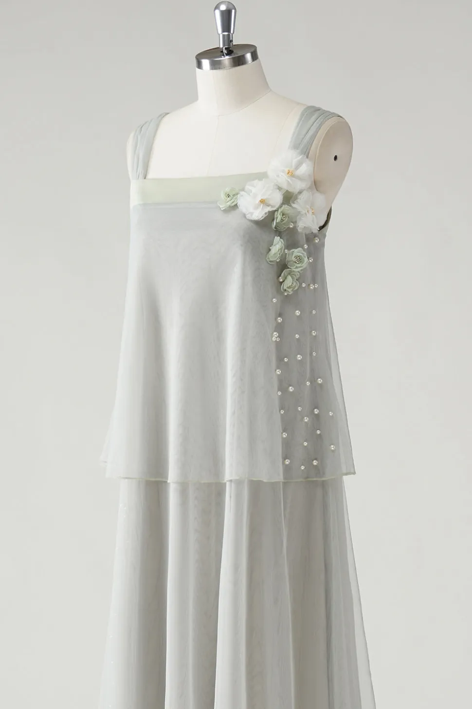Cinzento Tiered Chiffon Esparguete Correias Mãe do Vestido da Noiva com Missangas
