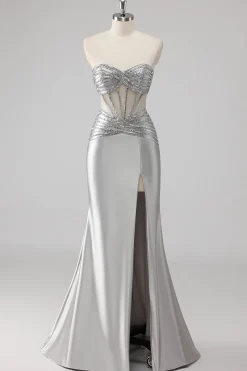 Cinzento Trompete/sereia Cetim Longo Vestido de Baile com Fenda