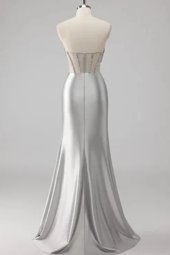 Cinzento Trompete/sereia Cetim Longo Vestido de Baile com Fenda