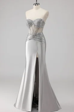 Cinzento Trompete/sereia Cetim Longo Vestido de Baile com Fenda