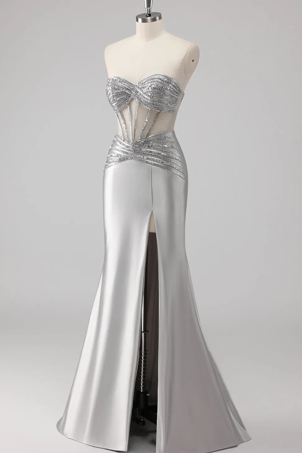 Cinzento Trompete/sereia Cetim Longo Vestido de Baile com Fenda