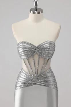 Cinzento Trompete/sereia Cetim Longo Vestido de Baile com Fenda