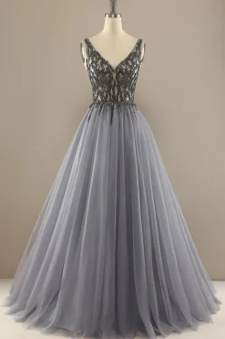 Cinzento V Long Pescoço Beaded Baile Vestido