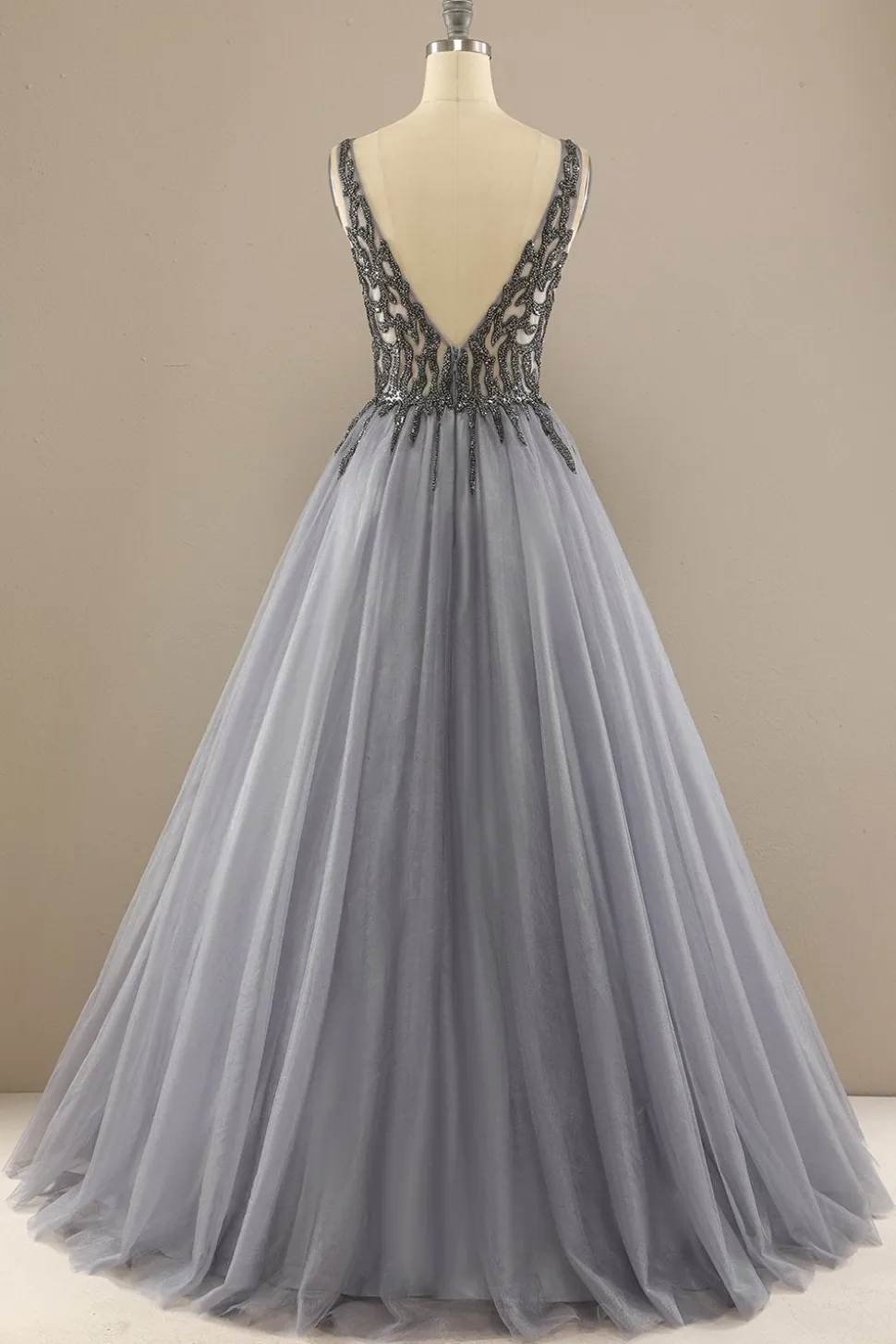 Cinzento V Long Pescoço Beaded Baile Vestido