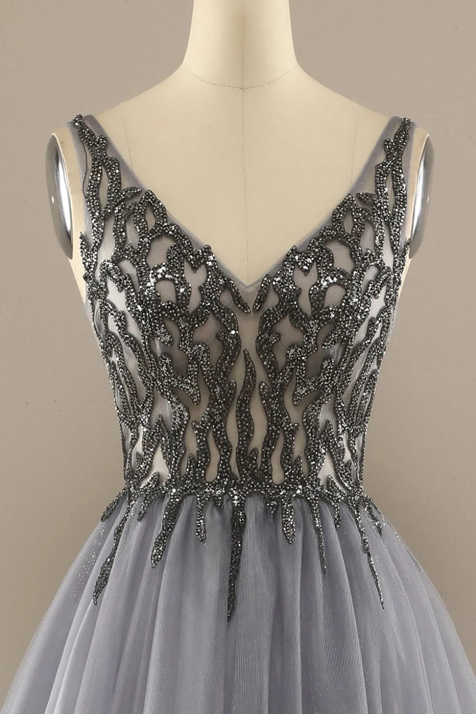 Cinzento V Long Pescoço Beaded Baile Vestido