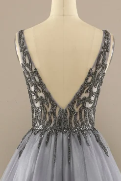 Cinzento V Long Pescoço Beaded Baile Vestido
