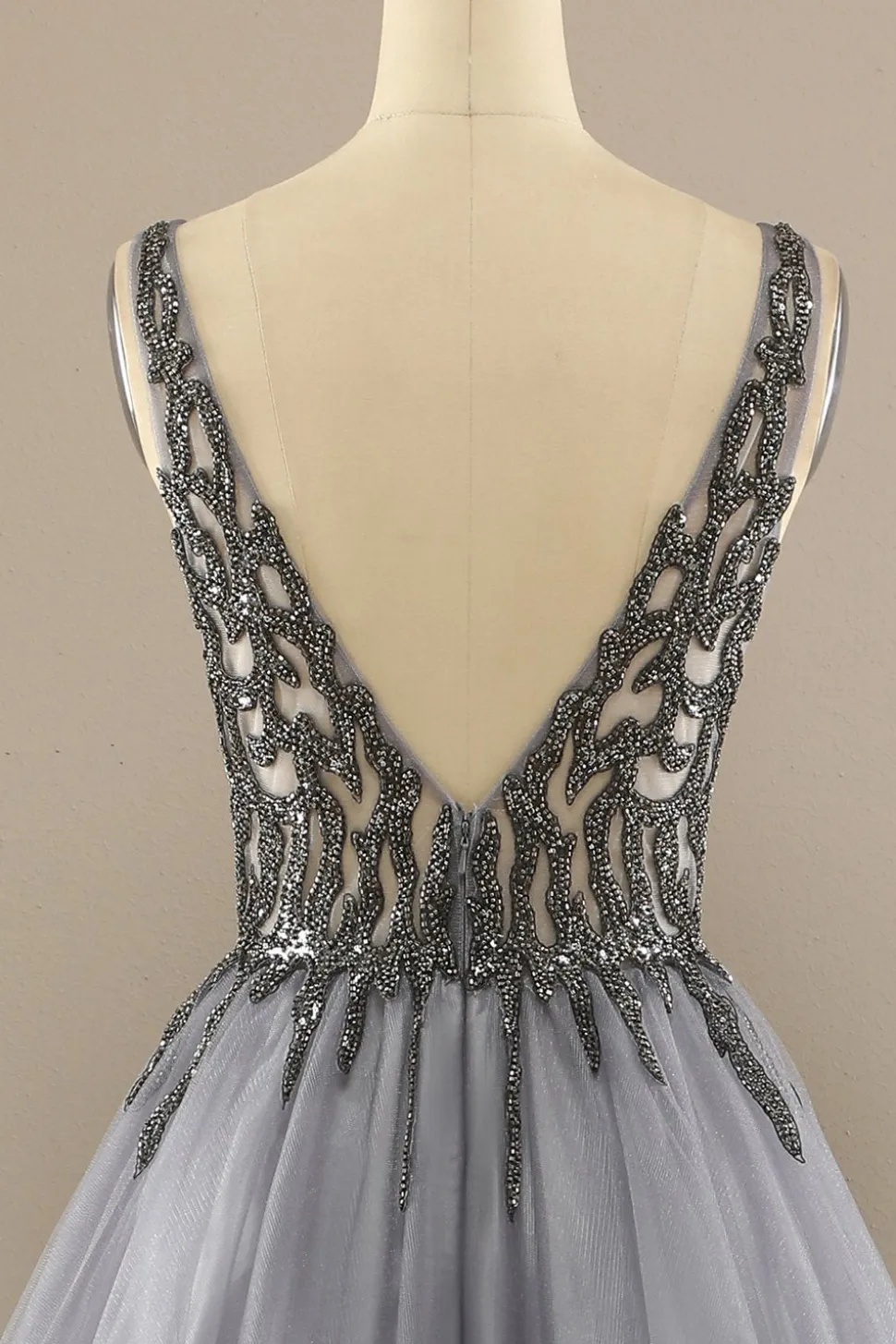 Cinzento V Long Pescoço Beaded Baile Vestido