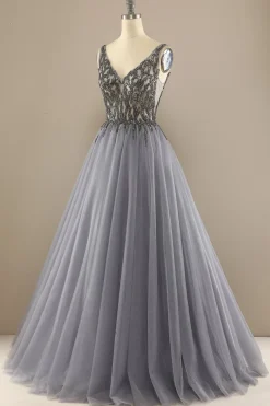Cinzento V Long Pescoço Beaded Baile Vestido