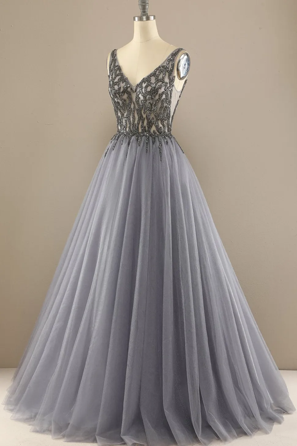 Cinzento V Long Pescoço Beaded Baile Vestido