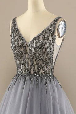 Cinzento V Long Pescoço Beaded Baile Vestido