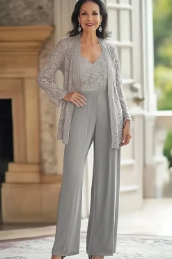 Cinzento V Neck Bodycon Lace Party Jumpsuit com casaco de renda