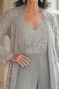 Cinzento V Neck Bodycon Lace Party Jumpsuit com casaco de renda