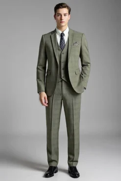 Cinzento Verde 3 Peças Notched Lapela Xadrez Fato Homem