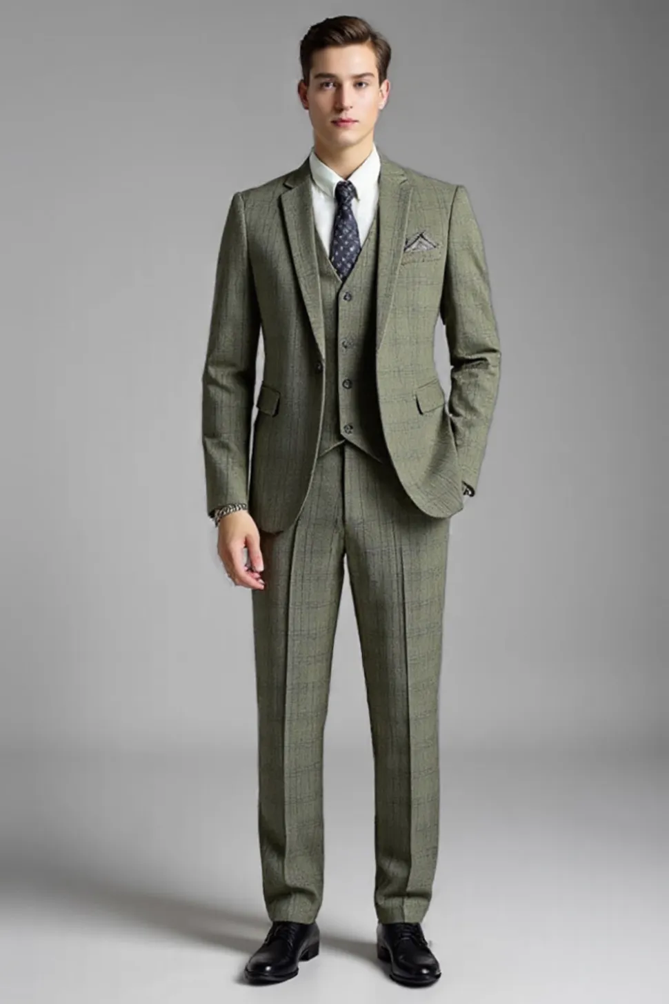 Cinzento Verde 3 Peças Notched Lapela Xadrez Fato Homem