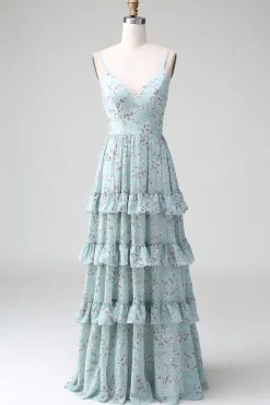 Cinzento Verde Alças Esparguete Vestido Longo Madrinha Com Folhos