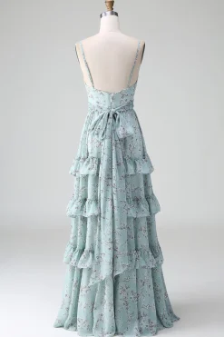 Cinzento Verde Alças Esparguete Vestido Longo Madrinha Com Folhos