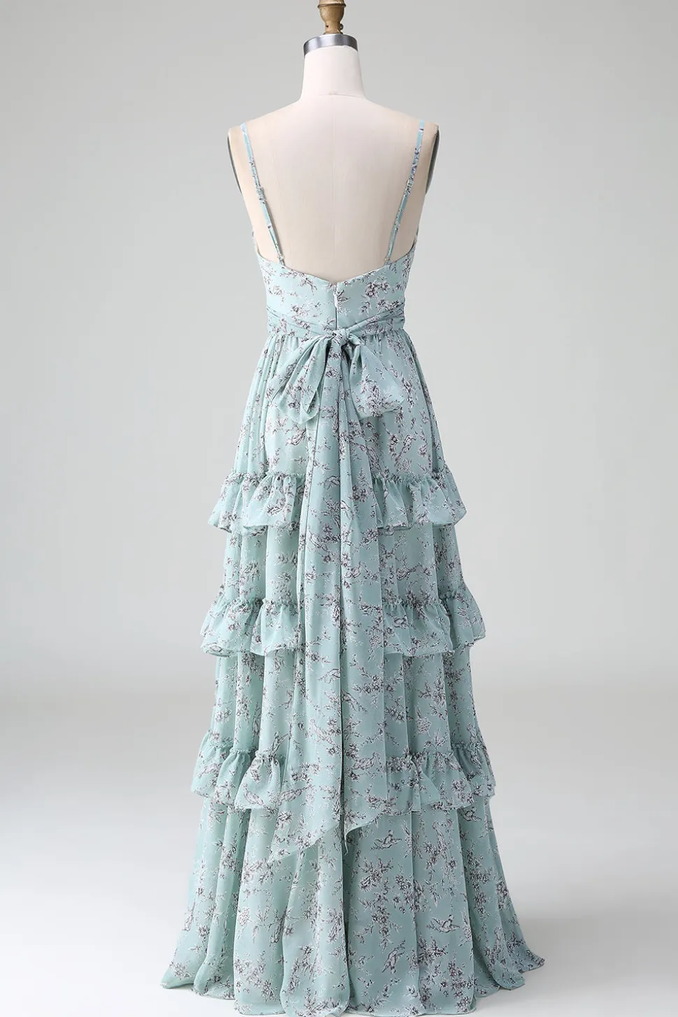 Cinzento Verde Alças Esparguete Vestido Longo Madrinha Com Folhos