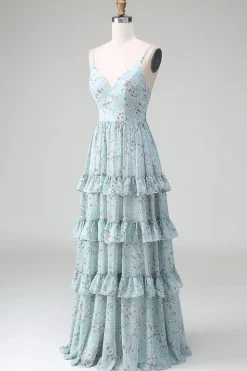 Cinzento Verde Alças Esparguete Vestido Longo Madrinha Com Folhos