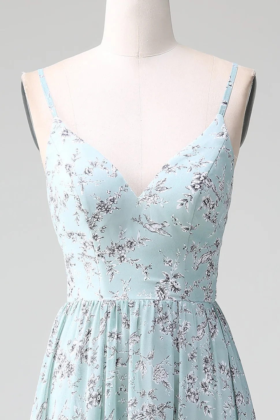 Cinzento Verde Alças Esparguete Vestido Longo Madrinha Com Folhos