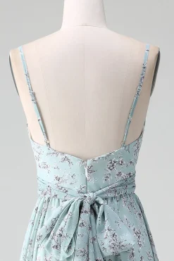 Cinzento Verde Alças Esparguete Vestido Longo Madrinha Com Folhos