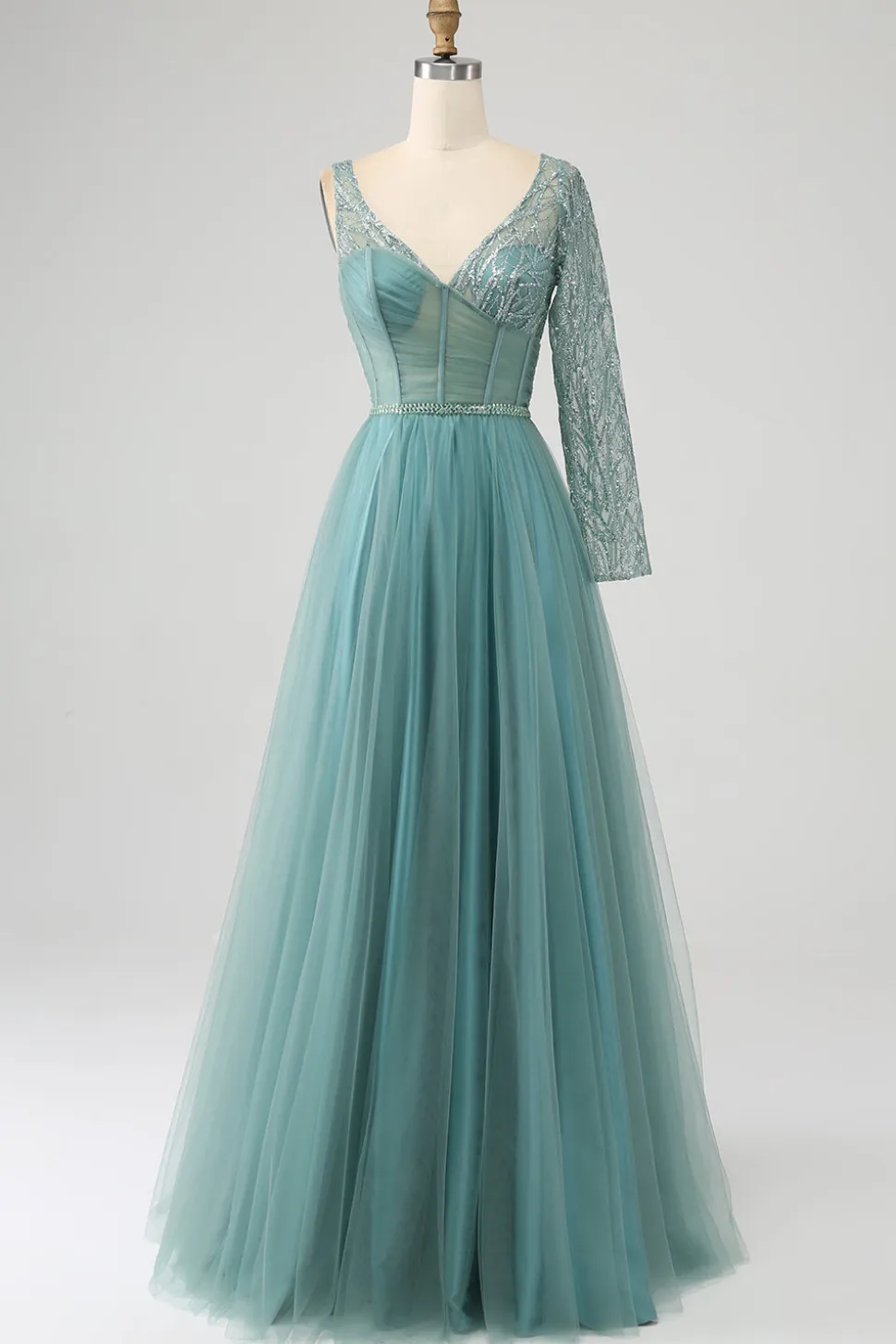 Cinzento Verde A-Line Sparkly Sequin Long Corset Prom Dress
